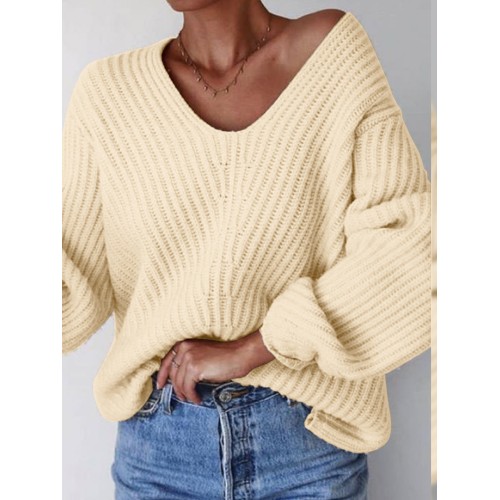 Women Puff Sleeve V  Neck Pleated Spliced Solid Loose Thick Fashion Sweaters