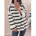 Women Black and White Striped O  Neck Casual Loose Fit Preppy Sweasters