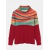 Women Rainbow Striped Print Patchwork Turtleneck Ribbed Sweater