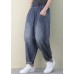 French Dark Blue Elastic Waist Pockets Patchwork Cotton Denim Pants Spring