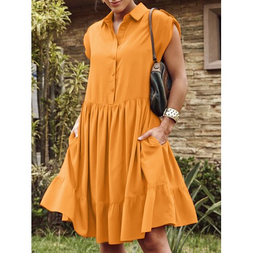 Solid Button Pocket Ruffles Lapel Short Sleeve Shirt Dress