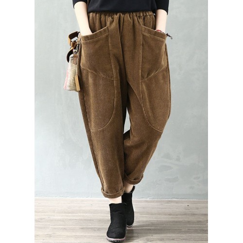 Plus Size Coffee Elastic Waist Pockets Velour Harem Pants Fall