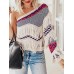 Women Grid Pattern Knitted Stitching One Shoulder Tassel Sweater