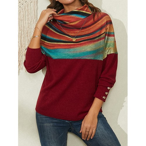 Women Rainbow Striped Print Patchwork Turtleneck Ribbed Sweater