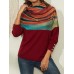 Women Rainbow Striped Print Patchwork Turtleneck Ribbed Sweater