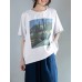 Landscape Print Round Neck Short Sleeve Cotton Loose Casual T  Shirt