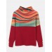 Women Rainbow Striped Print Patchwork Turtleneck Ribbed Sweater