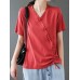 Women loose Solid Color V  neck Short Sleeve Drawstring Ethnic T  Shirt