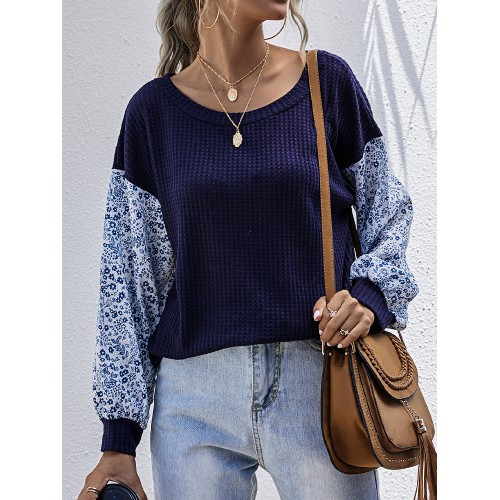 Women Ditsy Floral Print Patchwork Knit Casual Long Sleeve Sweaters