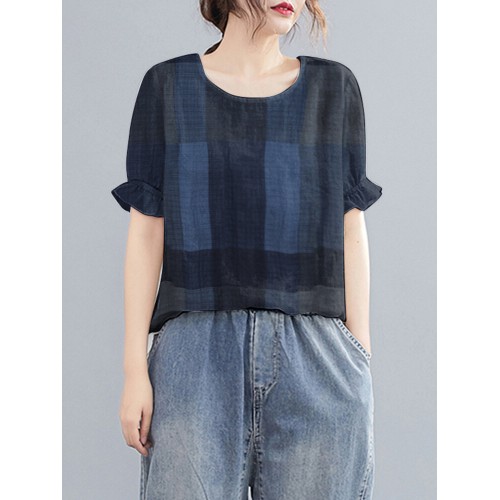 Plaid Ruffled Short Sleeve Round Neck Casual Blouse