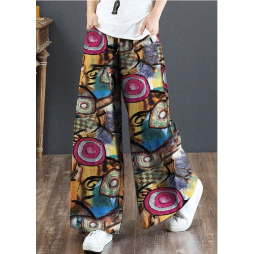 Stylish Yellow Pockets Print Cotton Loose Straight Pants Summer