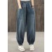 Plus Size Blue Elastic Waist Big Pockets Patchwork Cotton Denim harem Pants Summer